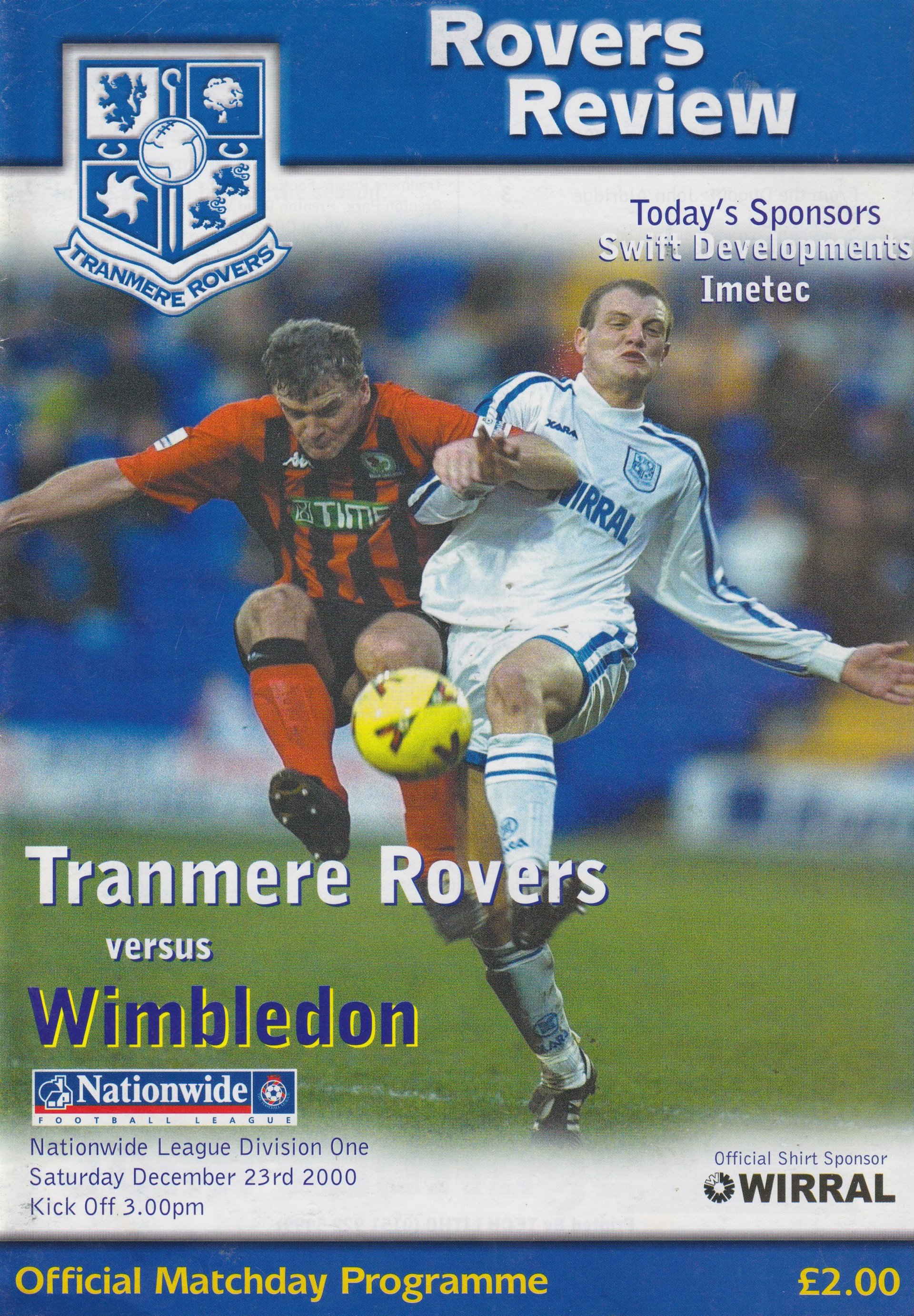 Tranmere Rovers v Wimbledon match programme